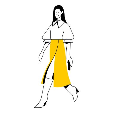 Vektör düz tasarım moda doğrusal illüstrasyon. Uzun Midi etekli şık bir kadın. Sokak tarzı, moda. İnternet, grafik tasarımı, baskılar, giyim mağazaları, kartpostal, poster için kullanışlı. 2D kişiler.