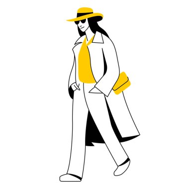 Sonbaharda ya da kışın sokakta yürürken düz çizimli kadın tasarımı. Sokak tarzı, moda. Beyaz arka planda izole edilmiş. Web, grafik tasarımı ve yazdırma için kullanışlı