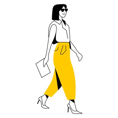 Moda kıyafetleri içinde caddede yürüyen güzel bir kızın vektör modayı olan çizgisel görüntüsü. Sokak tarzı, moda. Mimari çizim için kullanışlı, endüstriyel tasarım, web, grafik tasarım