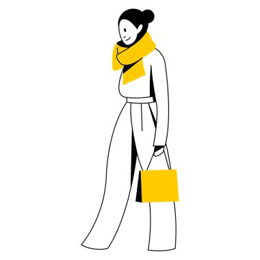 Moda kıyafetleri içinde caddede yürüyen güzel bir kızın vektör modayı olan çizgisel görüntüsü. Sokak tarzı, moda. Mimari çizim için kullanışlı, endüstriyel tasarım, web, grafik tasarım