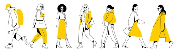 Vector Set Group Different Minimalistic Linear People Bright Yellow Accents — Stock Vector
