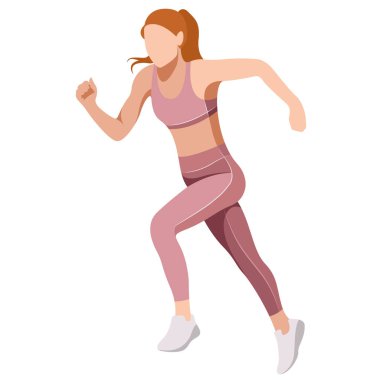 Spor üniformalı ve spor sutyenli güzel bir kızın vektör çizimi, beyaz arka planda izole edilmiş fitness, spor, trenler ile ilgilidir. Kadınlar koşar. Sabah koşusu. koşu.