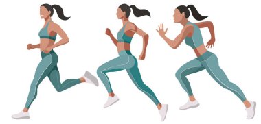 Spor üniformalı (tayt ve spor sutyenli) ince ve güzel bir kızın vektör set görüntüleri beyaz arka planda izole edilmiş fitness, spor, trenler ile ilgilidir. Kadınlar koşar. Sabah koşusu. koşu.