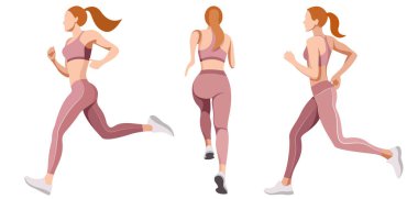 Spor üniformalı (tayt ve spor sutyenli) ince ve güzel bir kızın vektör set görüntüleri beyaz arka planda izole edilmiş fitness, spor, trenler ile ilgilidir. Kadınlar koşar. Sabah koşusu. koşu.