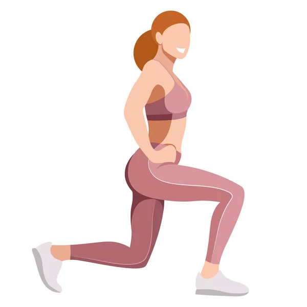 一个穿着运动服 腿和运动胸罩 的女孩从事健身 运动和训练的矢量形象 女孩蹲着 做冲撞 训练她的腿和臀部 在白色背景上隔离 — 图库矢量图片
