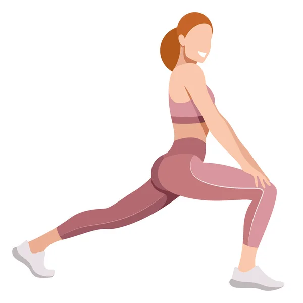 一个穿着运动服 腿和运动胸罩 的女孩从事健身 运动和训练的矢量形象 女孩蹲着 做冲撞 训练她的腿和臀部 在白色背景上隔离 — 图库矢量图片