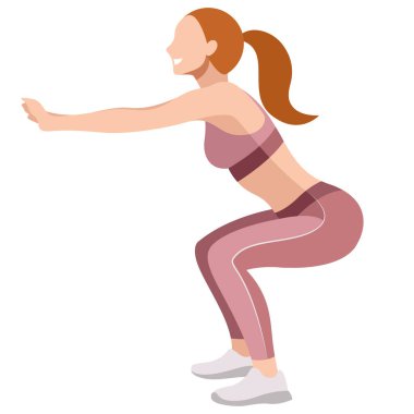 vector image of a girl in a sports uniform (leggings and a sports bra) is engaged in fitness, sports, training. girl squats, does lunges, trains her legs and buttocks. isolated on a white background.