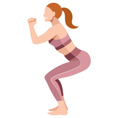 vector image of a girl in a sports uniform (leggings and a sports bra) is engaged in fitness, sports, training. girl squats, does lunges, trains her legs and buttocks. isolated on a white background.