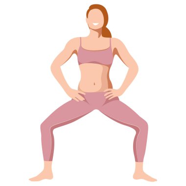 vector image of a girl in a sports uniform (leggings and a sports bra) is engaged in fitness, sports, training. girl squats, does lunges, trains her legs and buttocks. isolated on a white background.