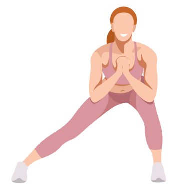 vector image of a girl in a sports uniform (leggings and a sports bra) is engaged in fitness, sports, training. girl squats, does lunges, trains her legs and buttocks. isolated on a white background.