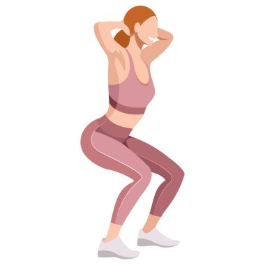 vector image of a girl in a sports uniform (leggings and a sports bra) is engaged in fitness, sports, training. girl squats, does lunges, trains her legs and buttocks. isolated on a white background.