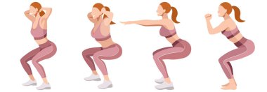 Spor üniformalı güzel kızların (tayt ve spor sutyen) vektör kümeleri, beyaz bir arka planda izole edilmiş fitness, spor ve sporla meşguldür. Kadınlar çömelir, hamleler yapar, bacakları ve kalçaları çalıştırır..