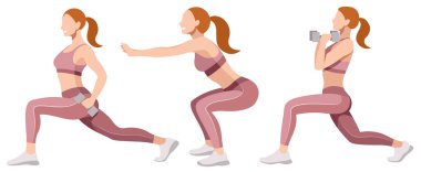 Spor üniformalı güzel kızların (tayt ve spor sutyen) vektör kümeleri, beyaz bir arka planda izole edilmiş fitness, spor ve sporla meşguldür. Kadınlar çömelir, hamleler yapar, bacakları ve kalçaları çalıştırır..