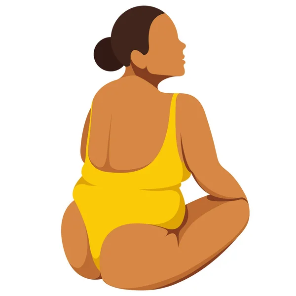 Vector Image Theme Body Positivity Curvy Plump Girl Sits Yellow — стоковый вектор