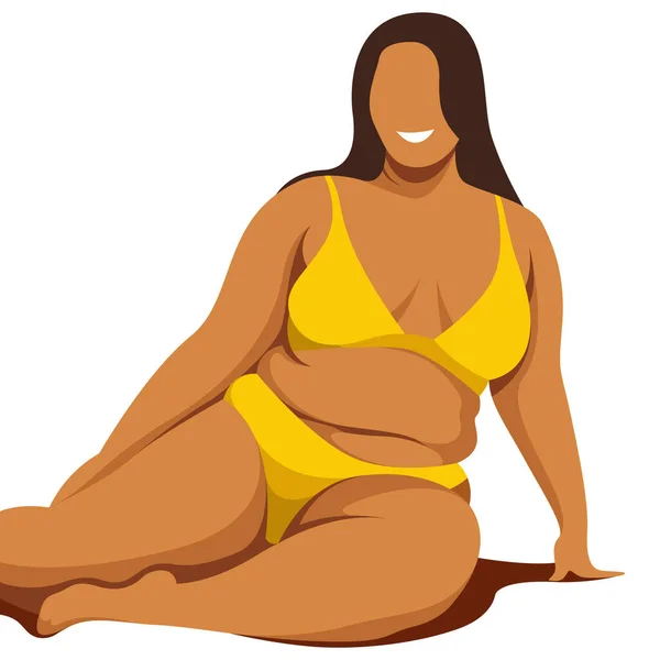Vector Image Theme Body Positivity Curvy Plump Girl Sits Yellow — Stockvektor