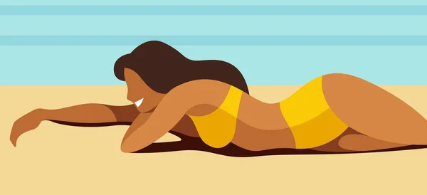 一个穿着黄色泳衣的漂亮瘦小女孩在海滩上或海滨晒日光浴的矢量图像 元素是孤立的 用于宣传暑假 度假胜地 — 图库矢量图片