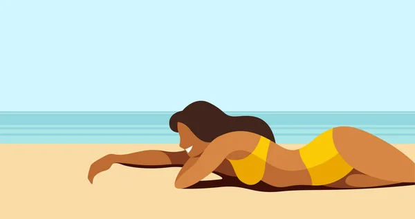 Vector Image Beautiful Slim Girl Yellow Swimsuit Sunbathing Beach Sea — Stock Vector
