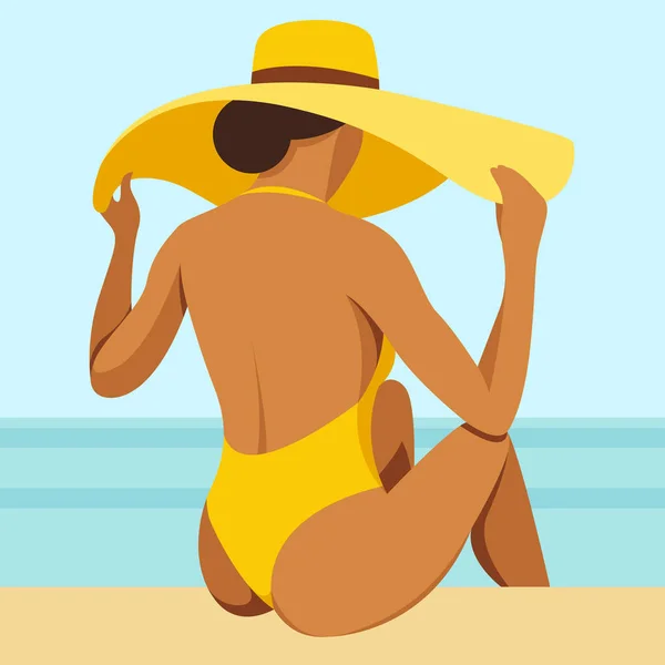Vektorbild Zum Thema Sommerferien Eine Hübsche Frau Einem Gelben Badeanzug — Stockvektor