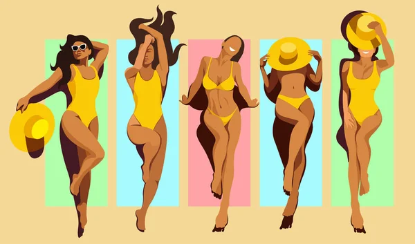 矢量图片五个不同的漂亮的年轻的晒黑女孩模型穿着黄色泳衣 在海滩上的彩色垫子或毛巾日光浴 分离的元素 从上面看 — 图库矢量图片