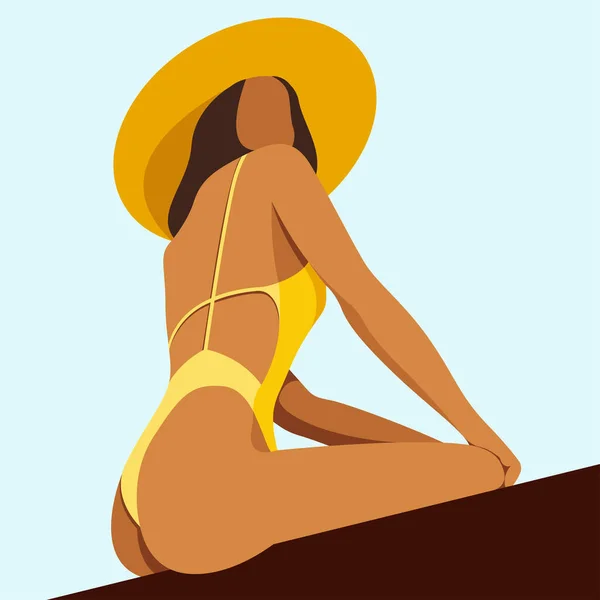 关于暑假主题的矢量图像 一个穿着黄色泳衣的女人背着一顶大帽子坐在海滩上 日光浴 在热带度假胜地放松 在白色背景下隔离 — 图库矢量图片