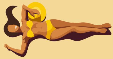 Sarı bikinili güzel bir kızın vektör görüntüsü ve kumsalda saçları kuma saçılmış bir şekilde güneşleniyor. Yaz tatilleri, tatil beldeleri, oteller, plajlar, tatiller için kullanışlı