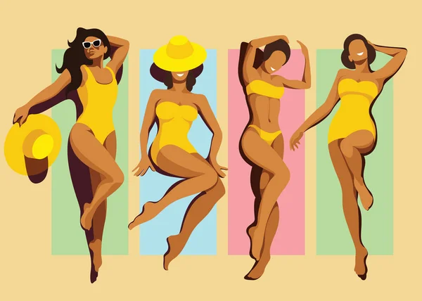 四个穿着黄色泳衣的年轻貌美的晒黑了的女孩正在海滩上用彩色的床垫或毛巾晒日光浴 分离的元素 从上面看 — 图库矢量图片