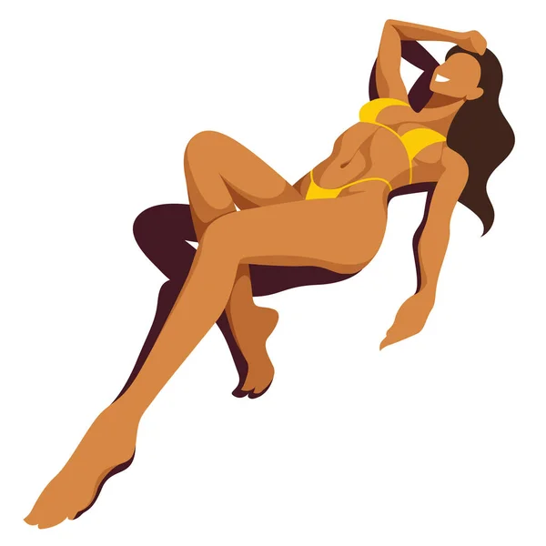 Vektorbild Temat Sommarlov Vacker Ung Solbränd Sexig Tjej Gul Bikini — Stock vektor