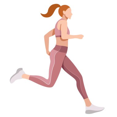 Spor üniformalı (tayt ve spor sutyen) zayıf bir kızın vektörel gerçekçi görüntüsü beyaz arka planda izole edilmiş fitness, spor, trenler ile ilgilidir. Kadın koşuyor. Sabah koşusu. koşu.