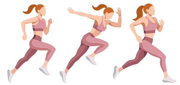 vector set of a realistic slender girl in a sports uniform (leggings and a sports bra) is engaged in fitness, sports, trains isolated on a white background. woman runs. morning run. jogging. marathon