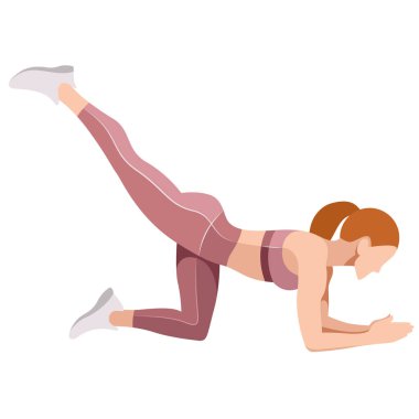 Spor giyim ve spor sutyen giyen zayıf bir kızın spor, spor, antrenman ve beyaz bir arka planda izole bir şekilde spor yapması. Kız kalça egzersizleri yapıyor, bacaklarını çalıştırıyor, kalas kullanıyor.