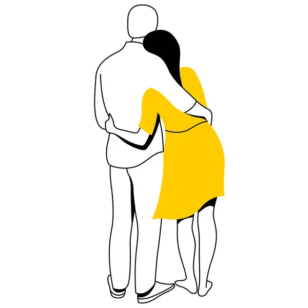 ベクトルトレンディなリニアイメージ 愛する恋人のカップルはお互いに抱き合う ガールフレンドを抱きしめてる 優しいハグ バレンタインデーカード ウェブ グラフィックデザイン プリント ポスター バナー — ストックベクタ