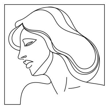Beyaz arka planda izole edilmiş güzel saçı olan siyah-beyaz bir kadının profil çizimi. Baskı, kartlar, posterler, kadınlar için güzellik ürünleri, afişler için kullanışlı.