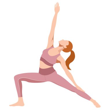 vector image of a girl in a sports uniform (leggings and a sports bra) is engaged in fitness, sports, training. girl squats, does lunges, trains her legs and buttocks. isolated on a white background.