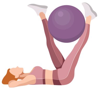 Spor giyim ve spor sutyen giyen, spor yapan, spor yapan, spor yapan, spor yapan, beyaz arka planda izole edilmiş bir fitness topuyla egzersiz yapan güzel bir kızın vektör çizimi..