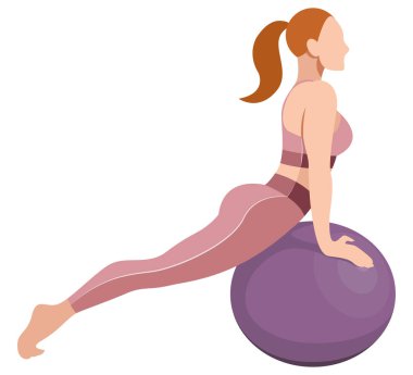 Beyaz arka planda izole edilmiş bir fitness topuyla egzersiz yapan spor giysili güzel ince bir kızın vektör görüntüsü. Kadın fitness, spor, eğitim, aerobik yapıyor.