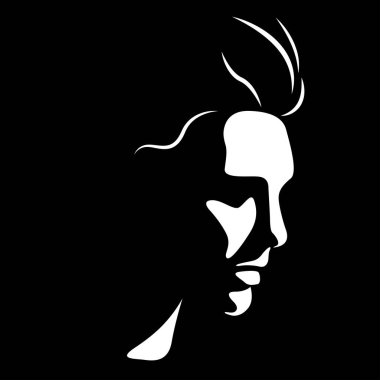 Bir gölgenin oluşturduğu güzel bir kadın yüzünün siyah beyaz vektör çizimi. Kadınlar için reklam ürünleri, güzellik salonları, dekoratif ve bakım kozmetik ürünleri, logo, poster, tasarım