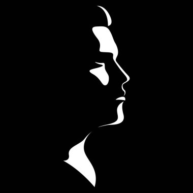 Siyah ve beyaz ışık vektörü ve gölgeli gölge tarafından oluşturulan erkek yüzü görüntüsü. şiddetli erkek profili. Erkek ürünleri reklamcılığı, berber dükkanı, erkek giyim mağazaları, logo, baskı, poster