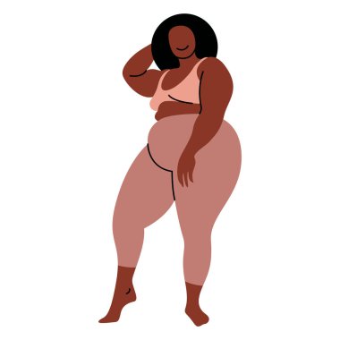 Spor giyim (tayt ve spor sutyeni) eğitimi, spor ve spor yapan, artı beden ölçülerinde bir kızın vektör düz tasarım görüntüsü. Spor stüdyoları için yararlı, vücut pozitifliği ve sağlıklı bir yaşam tarzı..