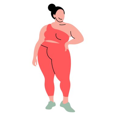 Spor giyim (tayt ve spor sutyeni) eğitimi, spor ve spor yapan, artı beden ölçülerinde bir kızın vektör düz tasarım görüntüsü. Spor stüdyoları için yararlı, vücut pozitifliği ve sağlıklı bir yaşam tarzı..