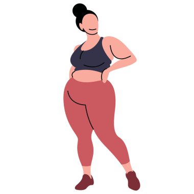 Spor giyim (tayt ve spor sutyeni) eğitimi, spor ve spor yapan, artı beden ölçülerinde bir kızın vektör düz tasarım görüntüsü. Spor stüdyoları için yararlı, vücut pozitifliği ve sağlıklı bir yaşam tarzı..