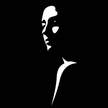 Bir gölgenin oluşturduğu güzel bir kadın yüzünün siyah beyaz vektör çizimi. Kadınlar için reklam ürünleri, güzellik salonları, dekoratif ve bakım kozmetik ürünleri, logo, poster, tasarım