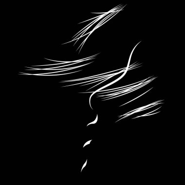 Gölgelerin oluşturduğu güzel bir kadın profilinin siyah ve beyaz vektörü. Uçan saçlı kız. Kadınlar için reklam ürünleri, güzellik salonları, dekoratif ve bakım kozmetikleri için kullanışlı.