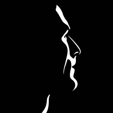 Siyah ve beyaz ışık vektörü ve gölgeli gölge tarafından oluşturulan erkek yüzü görüntüsü. şiddetli erkek profili. Erkek ürünleri reklamcılığı, berber dükkanı, erkek giyim mağazaları, logo, baskı, poster