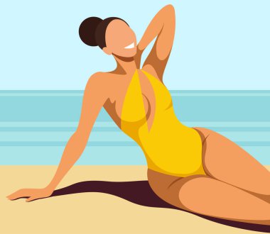 Yaz tatili konulu vektör resmi. Sahilde güneşlenen sarı retro mayo giymiş bronz tenli bir kız. Yaz tatilleri, tatil beldeleri, oteller, plajlar, tatiller için yararlı.