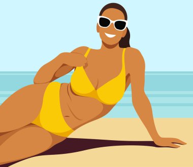 Yaz tatili konulu vektör resmi. Sahilde güneşlenen sarı retro mayo giymiş bronz tenli bir kız. Yaz tatilleri, tatil beldeleri, oteller, plajlar, tatiller için yararlı.