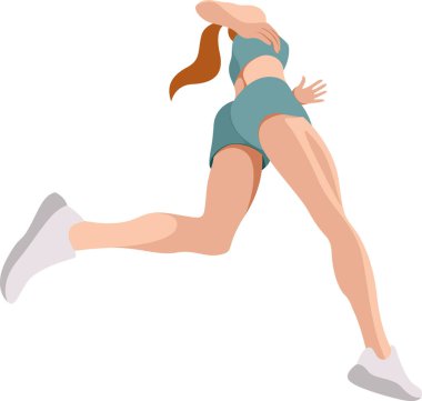 Spor giyimli (şort ve spor sutyenli) zayıf bir kızın vektör görüntüsü. Aşağıdan görüntü çalışıyor. Aşağıdan açı. Aşağıdan bak. Beyaz arka planda izole edilmiş. Kadın koşuyor. Sabah koşusu. koşu