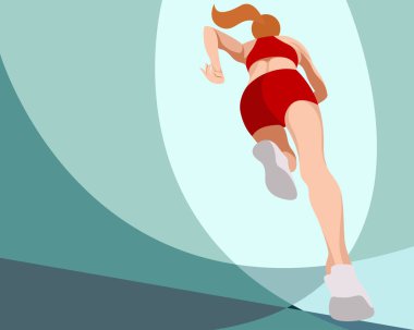 Spor giyimli (şort ve spor sutyenli) zayıf vektör poster kızı koşuyor. Aşağıdan görüntü çalışıyor. Aşağıdan açı. Aşağıdan bak. soyut arkaplanda izole edilmiş. Kadınlar koşar. Sabah koşusu. koşu.