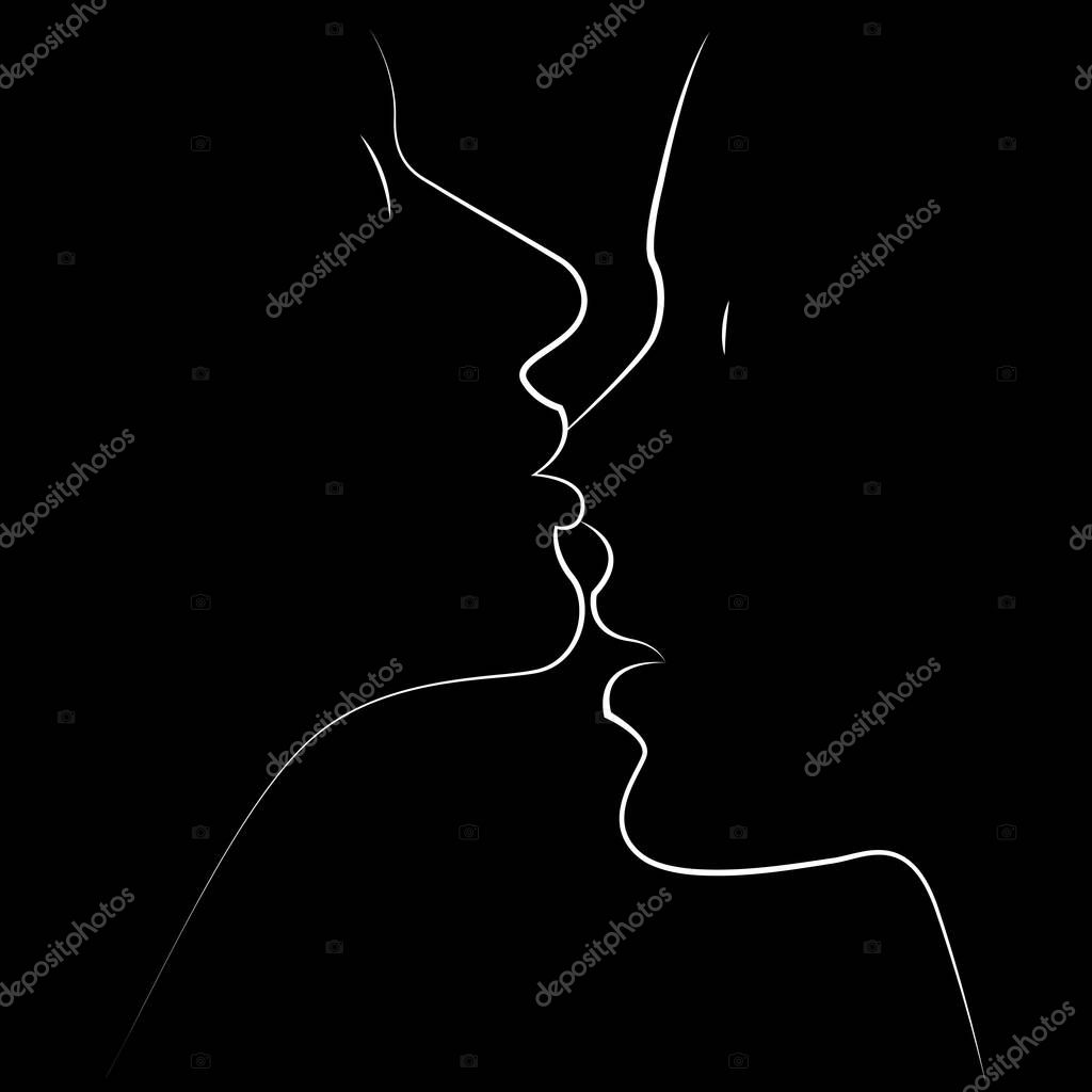 Vector minimal linear black and white illustration of silhouette of two girls in love face to face. girl kissing another girl on the nose. isolated on black background. LGBT. free love. love is love.