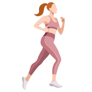 Spor üniformalı (tayt ve spor sutyen) zayıf bir kızın vektörel gerçekçi görüntüsü beyaz arka planda izole edilmiş fitness, spor, trenler ile ilgilidir. Kadın koşuyor. Sabah koşusu. koşu.