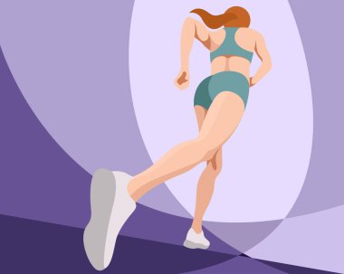 Spor giyimli (şort ve spor sutyenli) zayıf vektör poster kızı koşuyor. Aşağıdan görüntü çalışıyor. Aşağıdan açı. Aşağıdan bak. soyut arkaplanda izole edilmiş. Kadınlar koşar. Sabah koşusu. koşu.